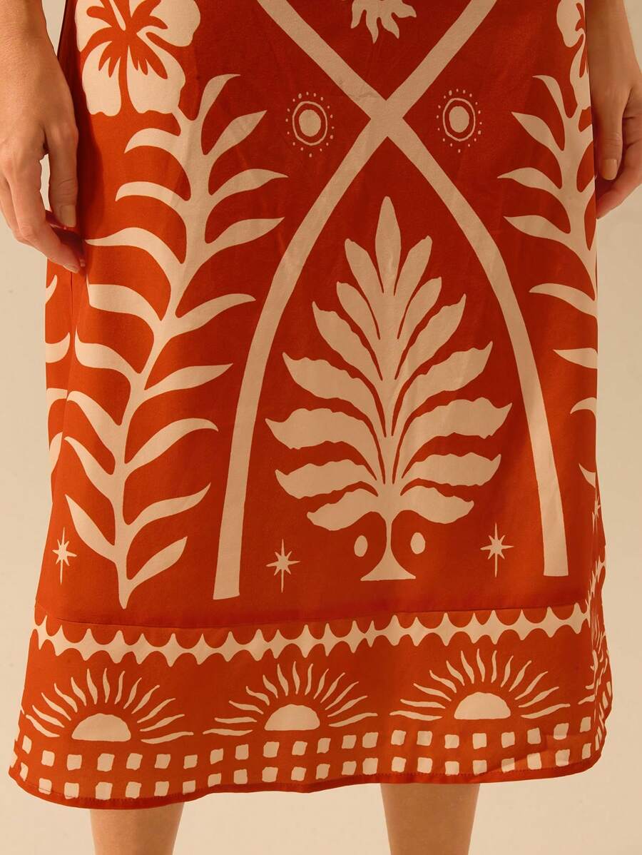 CAJUNI Vestido verde de manga bufante de comprimento médio, com estampa boho de flor tropical, sol e árvore de coco, cordão oco, verão casual, vestido de praia de férias