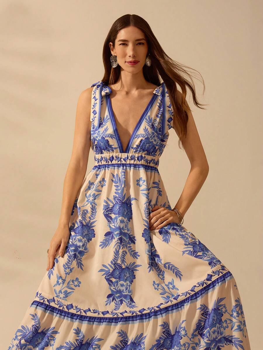 CAJUNI Vestido Longo Casual de Férias na Praia com Decote em V Profundo e Sem Mangas, Vestido Estampado com Flores Tropicais Boho Azul, Verão