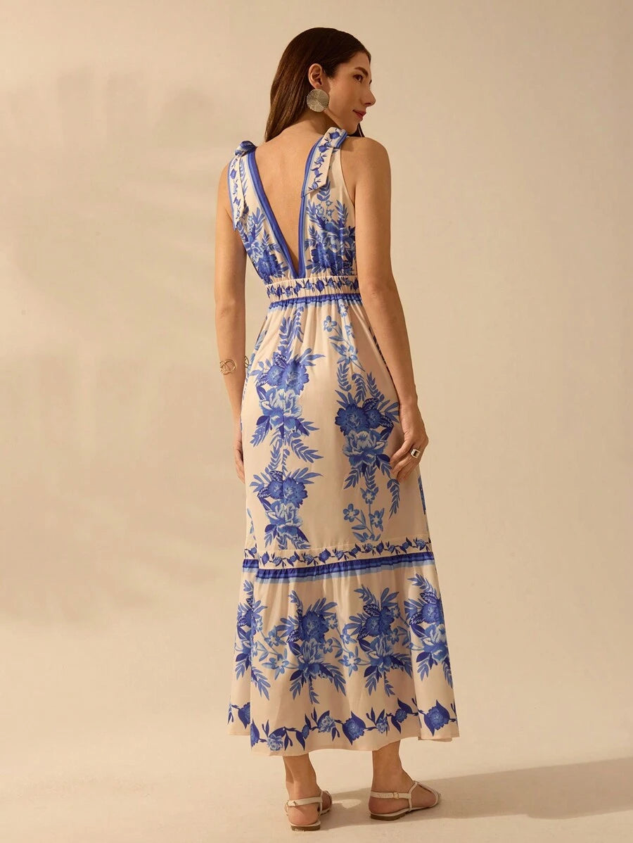 CAJUNI Vestido Longo Casual de Férias na Praia com Decote em V Profundo e Sem Mangas, Vestido Estampado com Flores Tropicais Boho Azul, Verão