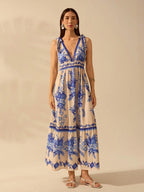 CAJUNI Vestido Longo Casual de Férias na Praia com Decote em V Profundo e Sem Mangas, Vestido Estampado com Flores Tropicais Boho Azul, Verão