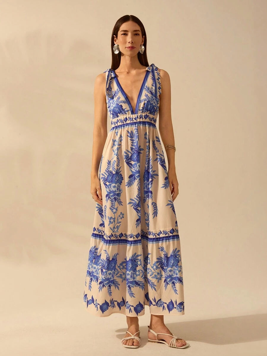 CAJUNI Vestido Longo Casual de Férias na Praia com Decote em V Profundo e Sem Mangas, Vestido Estampado com Flores Tropicais Boho Azul, Verão
