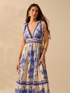 CAJUNI Vestido Longo Casual de Férias na Praia com Decote em V Profundo e Sem Mangas, Vestido Estampado com Flores Tropicais Boho Azul, Verão