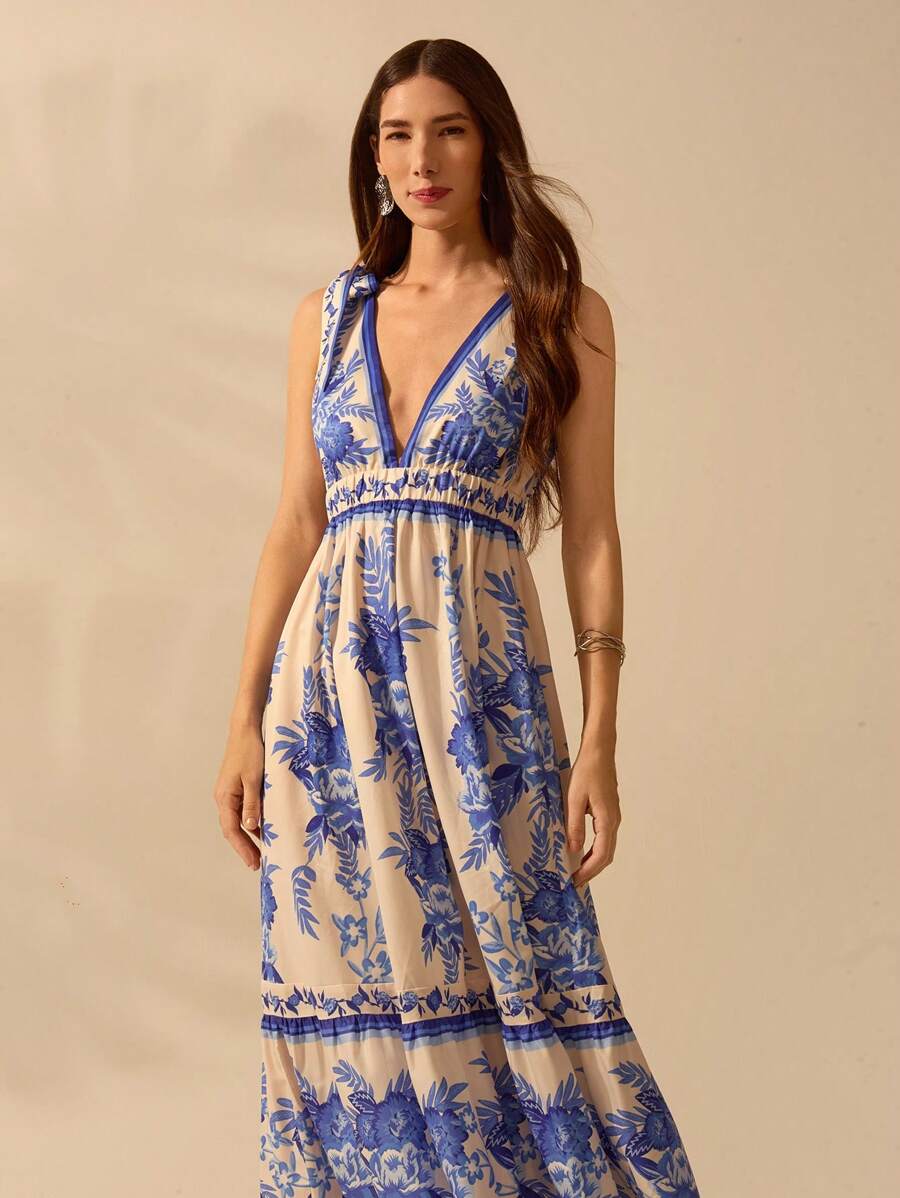 CAJUNI Vestido Longo Casual de Férias na Praia com Decote em V Profundo e Sem Mangas, Vestido Estampado com Flores Tropicais Boho Azul, Verão