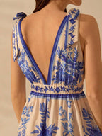 CAJUNI Vestido Longo Casual de Férias na Praia com Decote em V Profundo e Sem Mangas, Vestido Estampado com Flores Tropicais Boho Azul, Verão