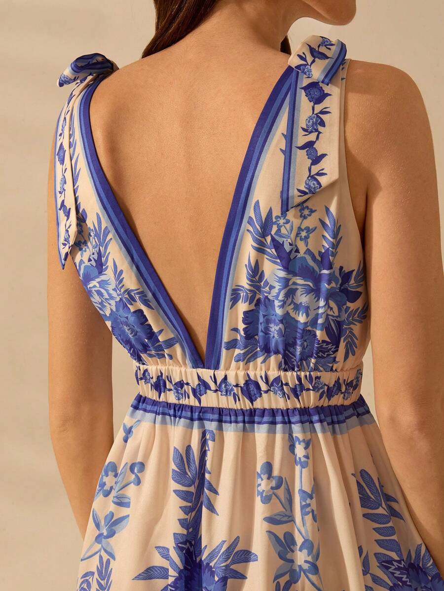 CAJUNI Vestido Longo Casual de Férias na Praia com Decote em V Profundo e Sem Mangas, Vestido Estampado com Flores Tropicais Boho Azul, Verão