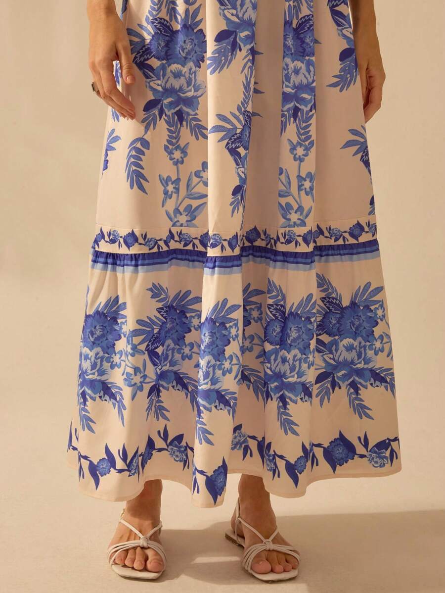 CAJUNI Vestido Longo Casual de Férias na Praia com Decote em V Profundo e Sem Mangas, Vestido Estampado com Flores Tropicais Boho Azul, Verão
