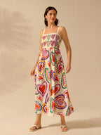 CAJUNI Vestido de Verão Casual de Férias Sem Mangas com Estampa Colorida de Árvore de Palma Tropical e Oceânica, Estilo Boho