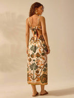 CAJUNI Vestido Mulheres Boho Estampa Planta Tropical Costas Abertas Alça de Amarrar, Vestido Casual de Verão para Férias