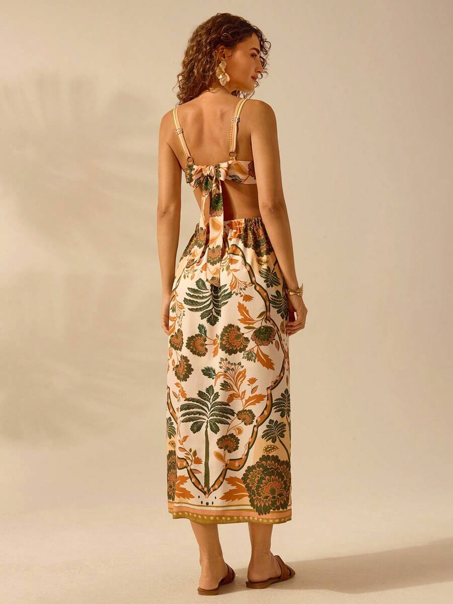 CAJUNI Vestido Mulheres Boho Estampa Planta Tropical Costas Abertas Alça de Amarrar, Vestido Casual de Verão para Férias