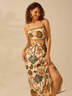 CAJUNI Vestido Mulheres Boho Estampa Planta Tropical Costas Abertas Alça de Amarrar, Vestido Casual de Verão para Férias