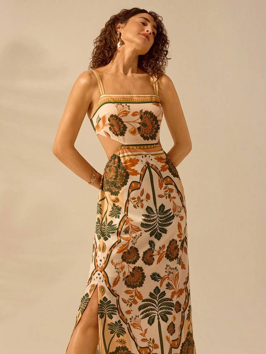 CAJUNI Vestido Mulheres Boho Estampa Planta Tropical Costas Abertas Alça de Amarrar, Vestido Casual de Verão para Férias