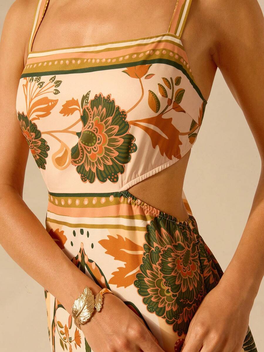 CAJUNI Vestido Mulheres Boho Estampa Planta Tropical Costas Abertas Alça de Amarrar, Vestido Casual de Verão para Férias