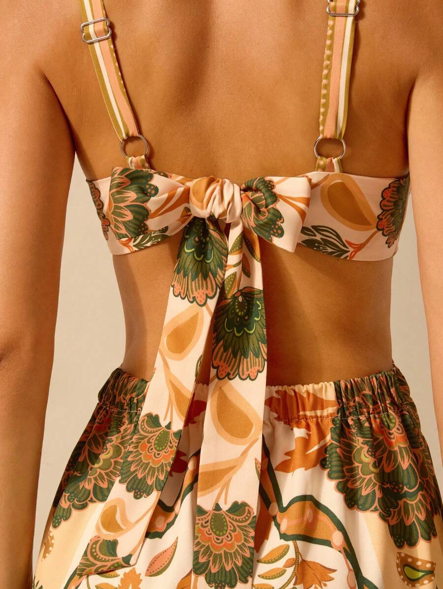 CAJUNI Vestido Mulheres Boho Estampa Planta Tropical Costas Abertas Alça de Amarrar, Vestido Casual de Verão para Férias
