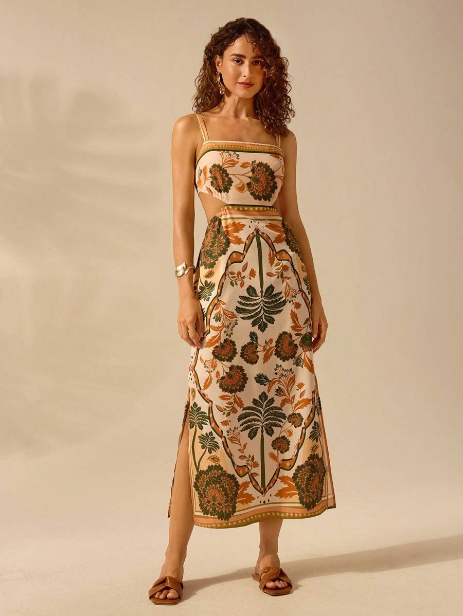 CAJUNI Vestido Mulheres Boho Estampa Planta Tropical Costas Abertas Alça de Amarrar, Vestido Casual de Verão para Férias