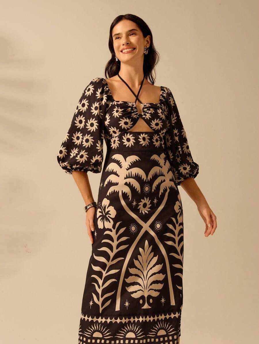 CAJUNI Vestido verde de manga bufante de comprimento médio, com estampa boho de flor tropical, sol e árvore de coco, cordão oco, verão casual, vestido de praia de férias