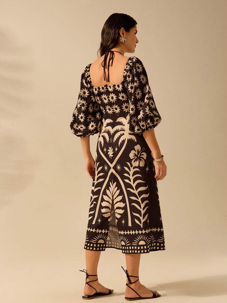 CAJUNI Vestido verde de manga bufante de comprimento médio, com estampa boho de flor tropical, sol e árvore de coco, cordão oco, verão casual, vestido de praia de férias