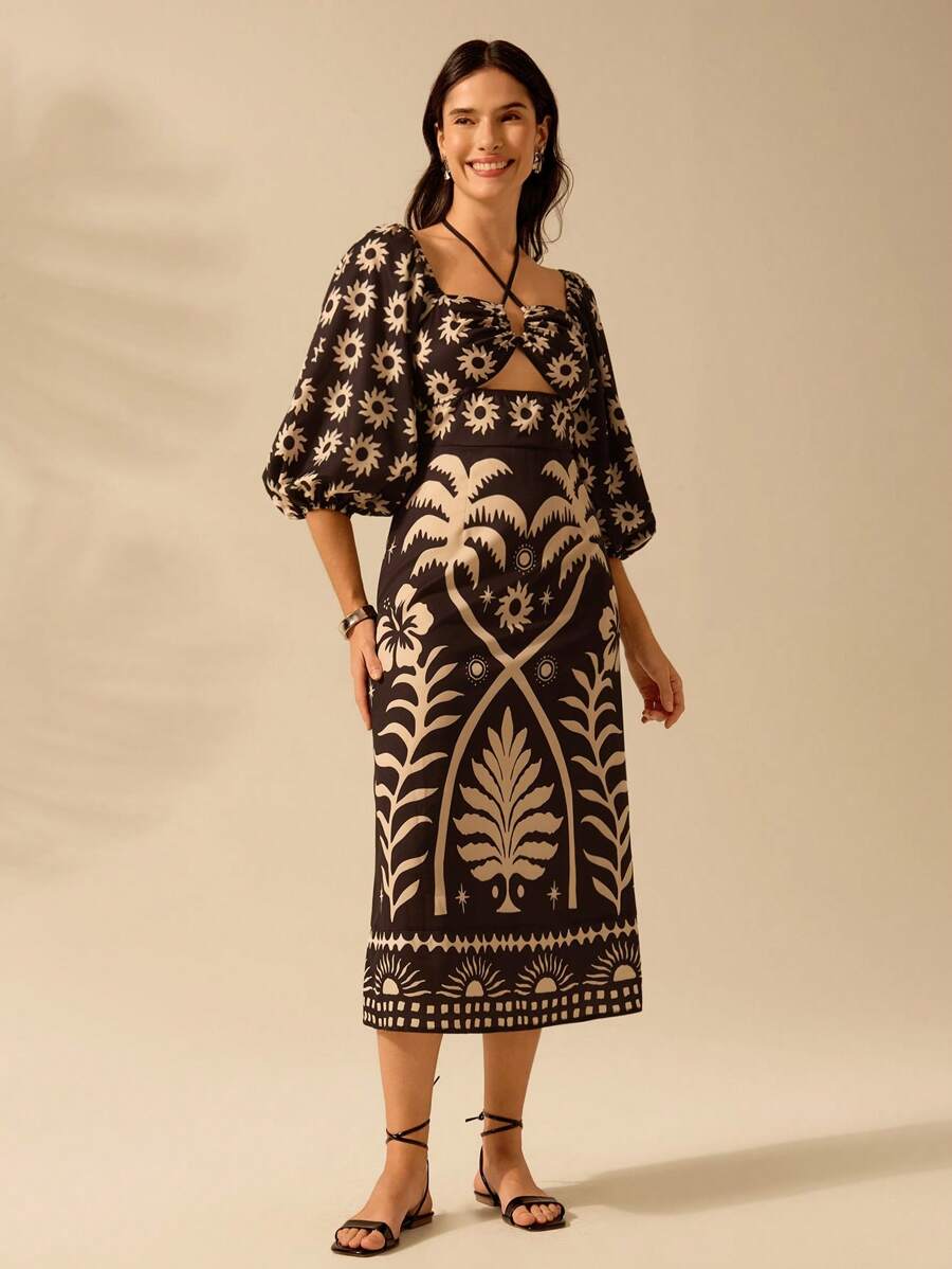 CAJUNI Vestido verde de manga bufante de comprimento médio, com estampa boho de flor tropical, sol e árvore de coco, cordão oco, verão casual, vestido de praia de férias