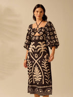 CAJUNI Vestido verde de manga bufante de comprimento médio, com estampa boho de flor tropical, sol e árvore de coco, cordão oco, verão casual, vestido de praia de férias