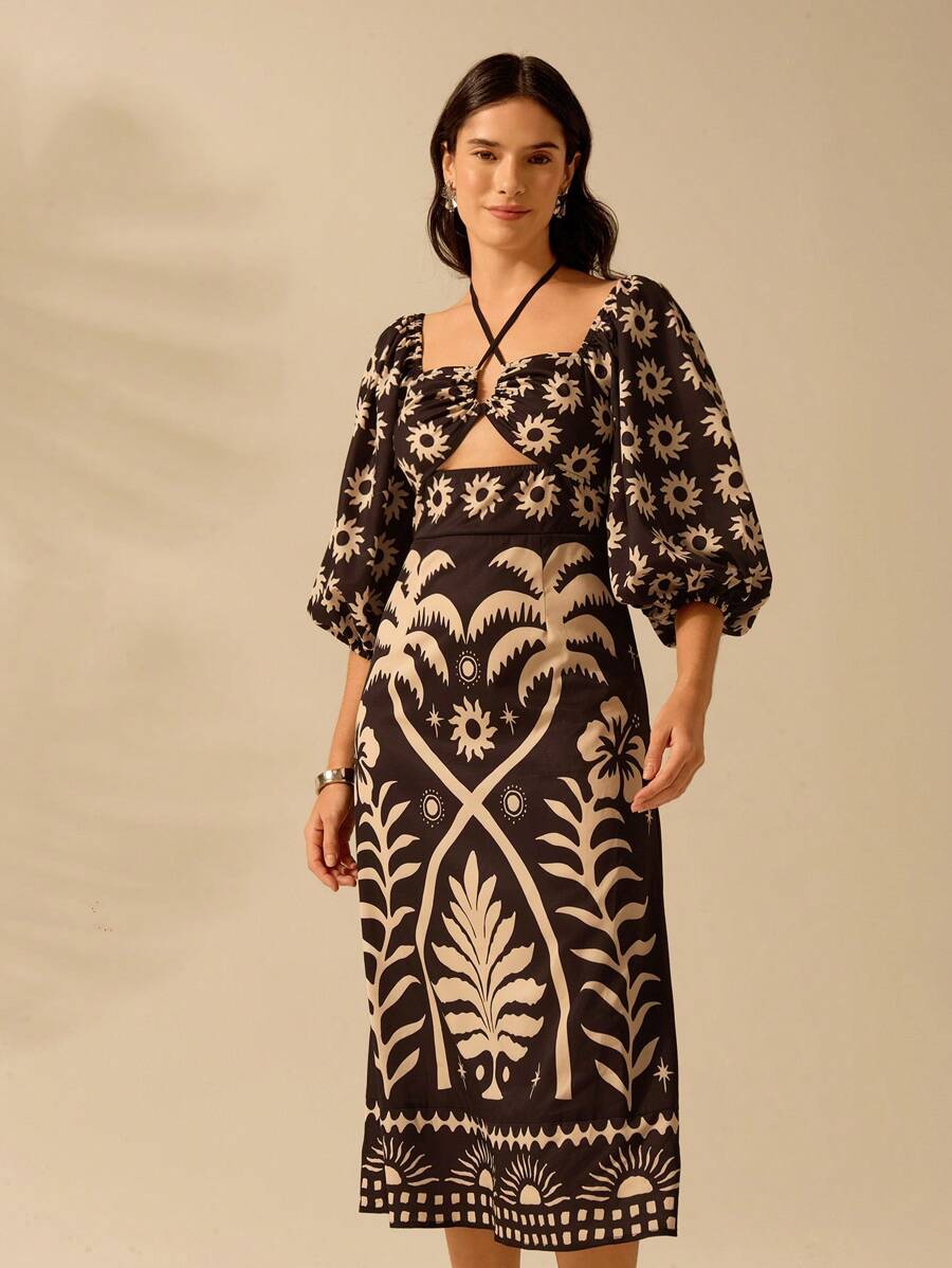 CAJUNI Vestido verde de manga bufante de comprimento médio, com estampa boho de flor tropical, sol e árvore de coco, cordão oco, verão casual, vestido de praia de férias