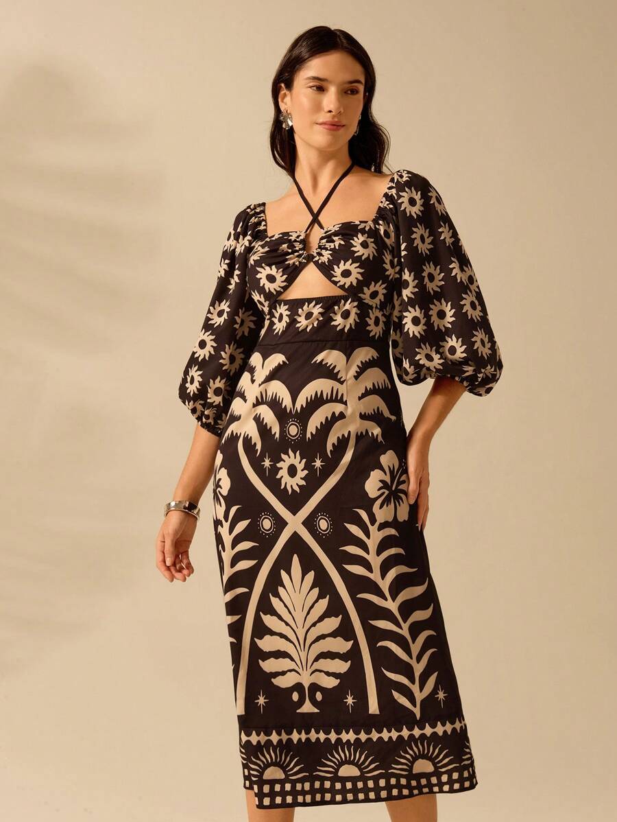 CAJUNI Vestido verde de manga bufante de comprimento médio, com estampa boho de flor tropical, sol e árvore de coco, cordão oco, verão casual, vestido de praia de férias