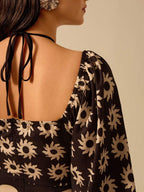 CAJUNI Vestido verde de manga bufante de comprimento médio, com estampa boho de flor tropical, sol e árvore de coco, cordão oco, verão casual, vestido de praia de férias