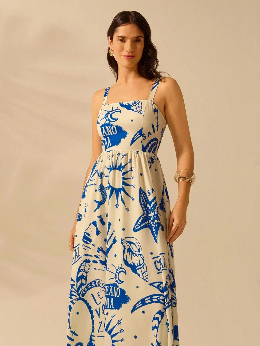 CAJUNI Vestido de Verão Casual de Férias Sem Mangas com Estampa Colorida de Árvore de Palma Tropical e Oceânica, Estilo Boho