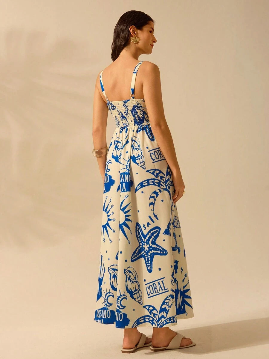 CAJUNI Vestido de Verão Casual de Férias Sem Mangas com Estampa Colorida de Árvore de Palma Tropical e Oceânica, Estilo Boho