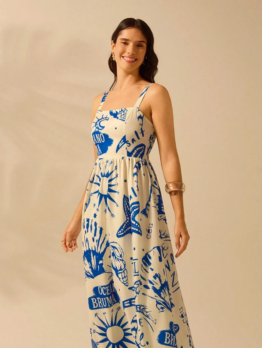 CAJUNI Vestido de Verão Casual de Férias Sem Mangas com Estampa Colorida de Árvore de Palma Tropical e Oceânica, Estilo Boho