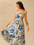 CAJUNI Vestido de Verão Casual de Férias Sem Mangas com Estampa Colorida de Árvore de Palma Tropical e Oceânica, Estilo Boho