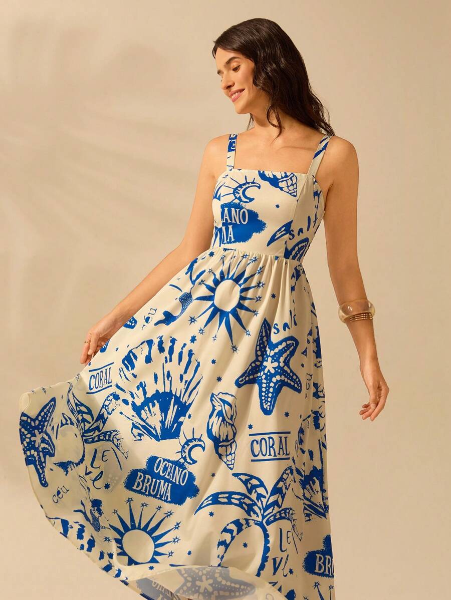 CAJUNI Vestido de Verão Casual de Férias Sem Mangas com Estampa Colorida de Árvore de Palma Tropical e Oceânica, Estilo Boho