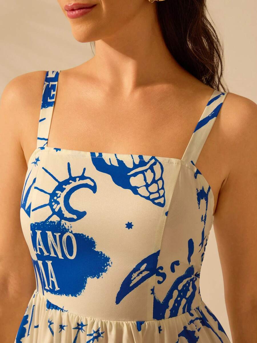 CAJUNI Vestido de Verão Casual de Férias Sem Mangas com Estampa Colorida de Árvore de Palma Tropical e Oceânica, Estilo Boho