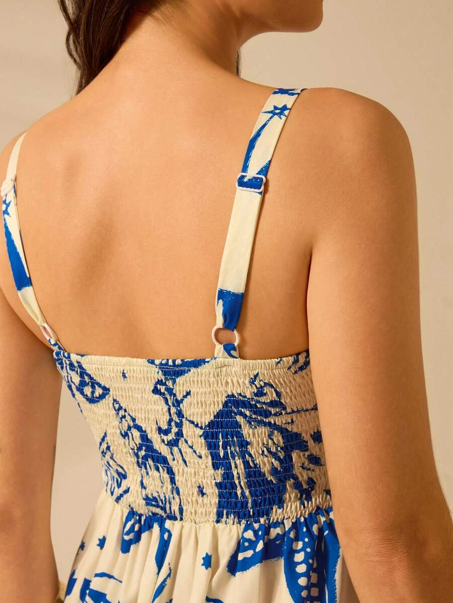 CAJUNI Vestido de Verão Casual de Férias Sem Mangas com Estampa Colorida de Árvore de Palma Tropical e Oceânica, Estilo Boho