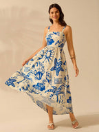 CAJUNI Vestido de Verão Casual de Férias Sem Mangas com Estampa Colorida de Árvore de Palma Tropical e Oceânica, Estilo Boho