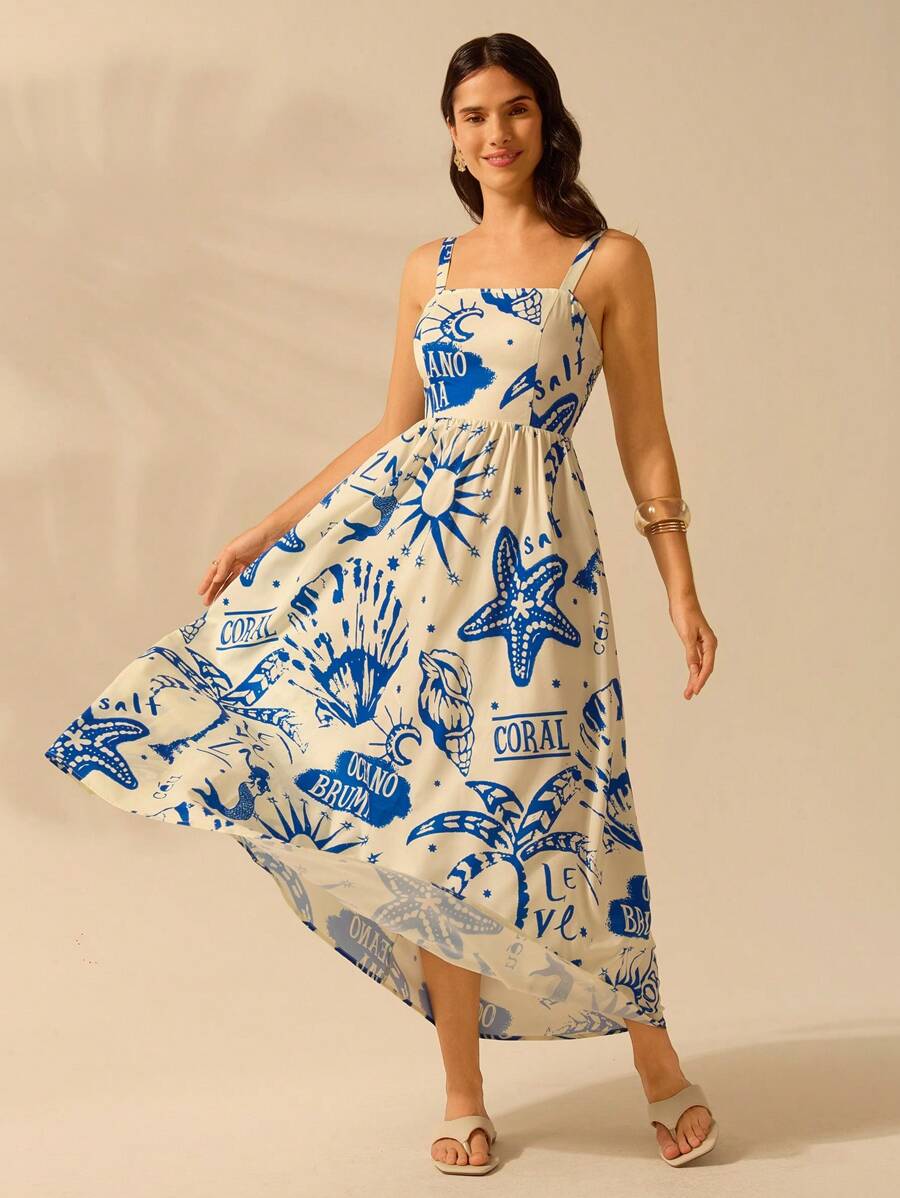 CAJUNI Vestido de Verão Casual de Férias Sem Mangas com Estampa Colorida de Árvore de Palma Tropical e Oceânica, Estilo Boho