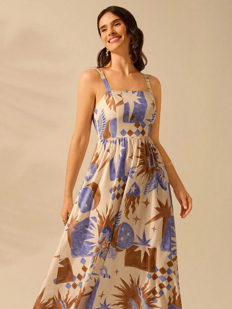 CAJUNI Vestido de Verão Casual de Férias Sem Mangas com Estampa Colorida de Árvore de Palma Tropical e Oceânica, Estilo Boho