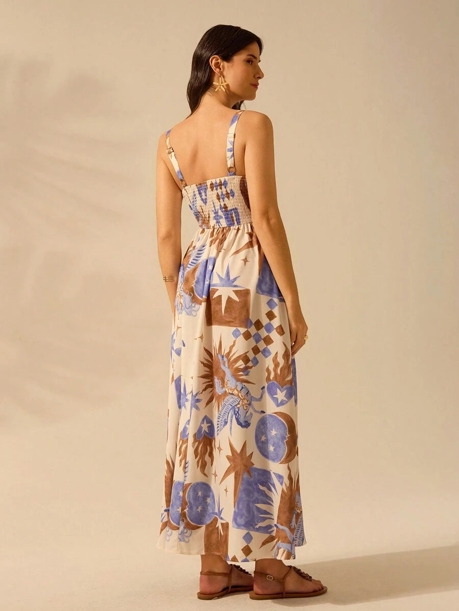 CAJUNI Vestido de Verão Casual de Férias Sem Mangas com Estampa Colorida de Árvore de Palma Tropical e Oceânica, Estilo Boho