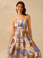 CAJUNI Vestido de Verão Casual de Férias Sem Mangas com Estampa Colorida de Árvore de Palma Tropical e Oceânica, Estilo Boho