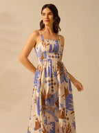 CAJUNI Vestido de Verão Casual de Férias Sem Mangas com Estampa Colorida de Árvore de Palma Tropical e Oceânica, Estilo Boho