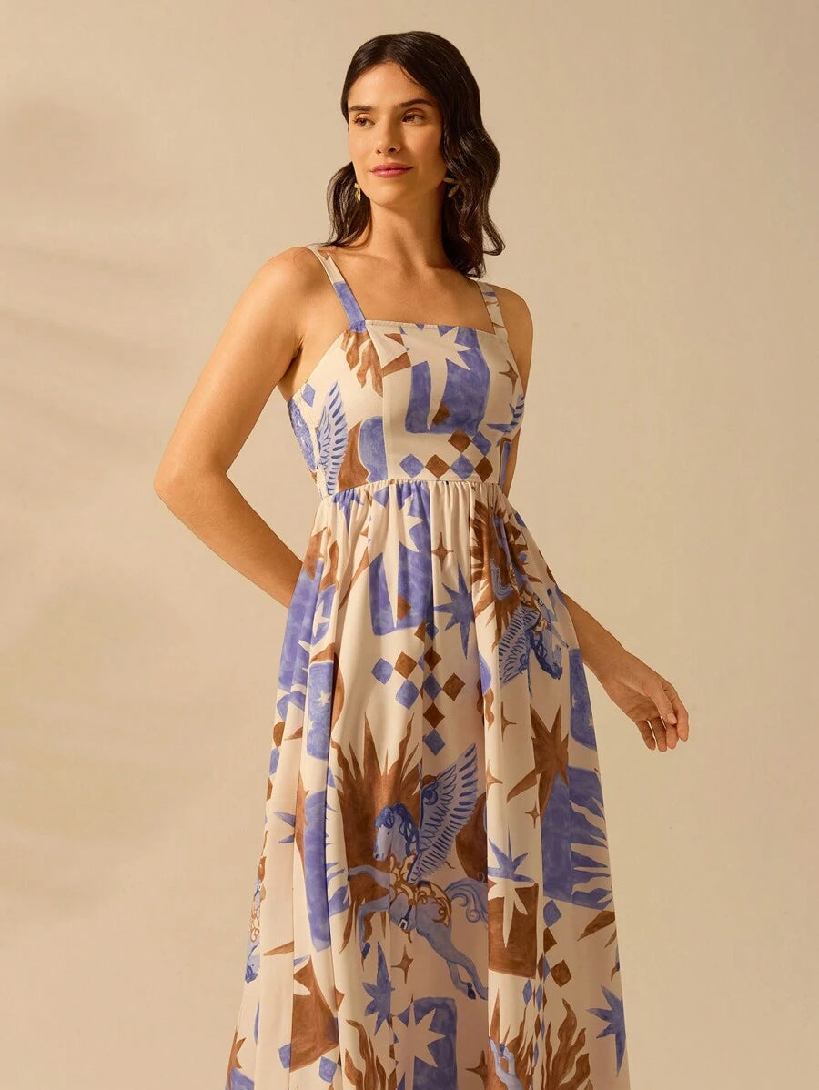 CAJUNI Vestido de Verão Casual de Férias Sem Mangas com Estampa Colorida de Árvore de Palma Tropical e Oceânica, Estilo Boho