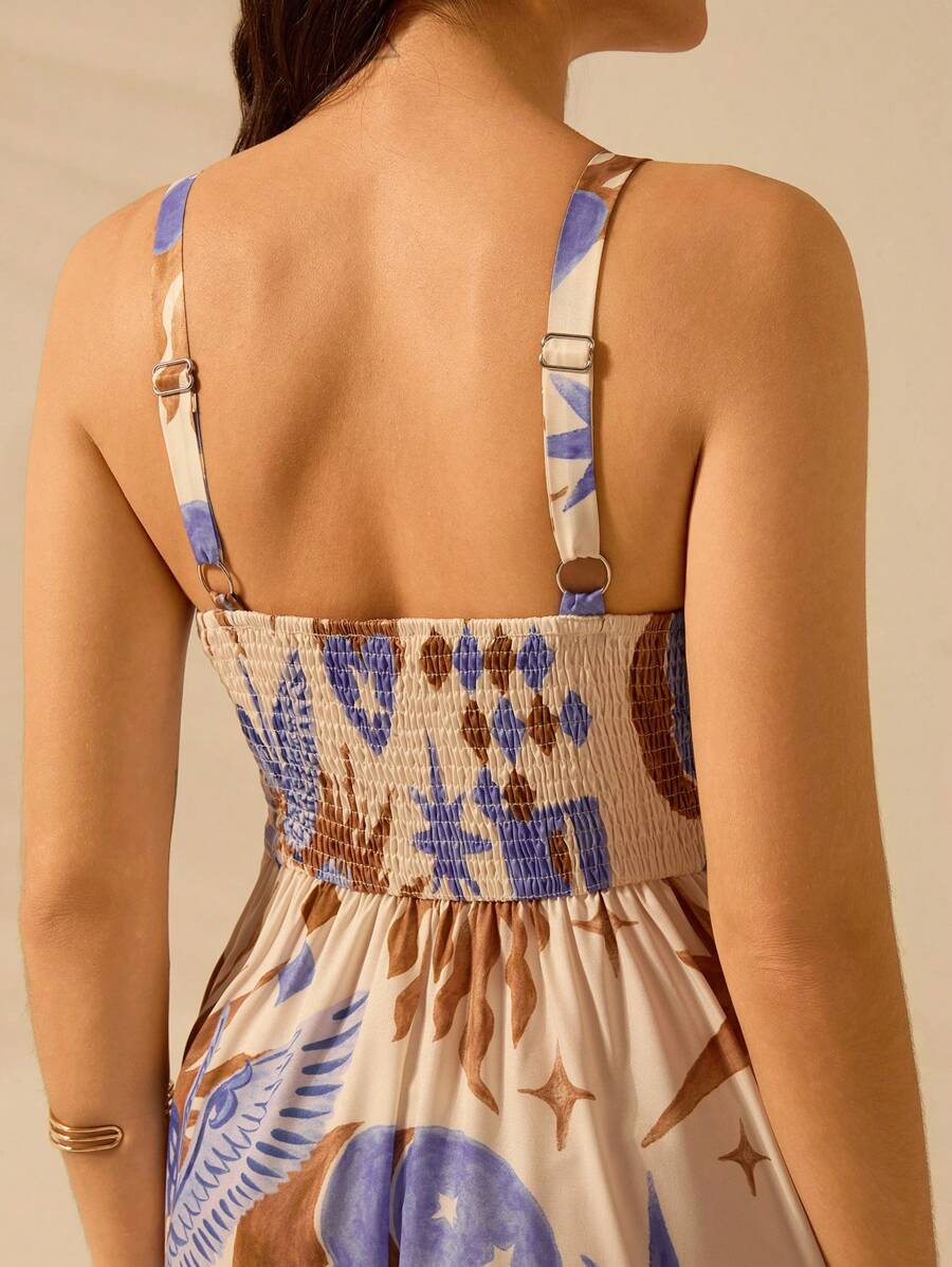 CAJUNI Vestido de Verão Casual de Férias Sem Mangas com Estampa Colorida de Árvore de Palma Tropical e Oceânica, Estilo Boho