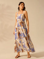 CAJUNI Vestido de Verão Casual de Férias Sem Mangas com Estampa Colorida de Árvore de Palma Tropical e Oceânica, Estilo Boho