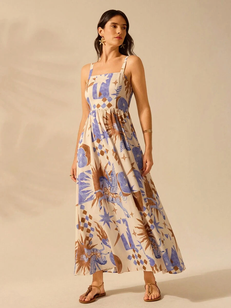 CAJUNI Vestido de Verão Casual de Férias Sem Mangas com Estampa Colorida de Árvore de Palma Tropical e Oceânica, Estilo Boho