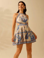 CAJUNI Vestido Curto Casual de Praia de Verão Feminino com Alça, Decote nas Costas, Estampa Tropical Boho de Flores, Abacaxi e Planta ZZ, para Férias
