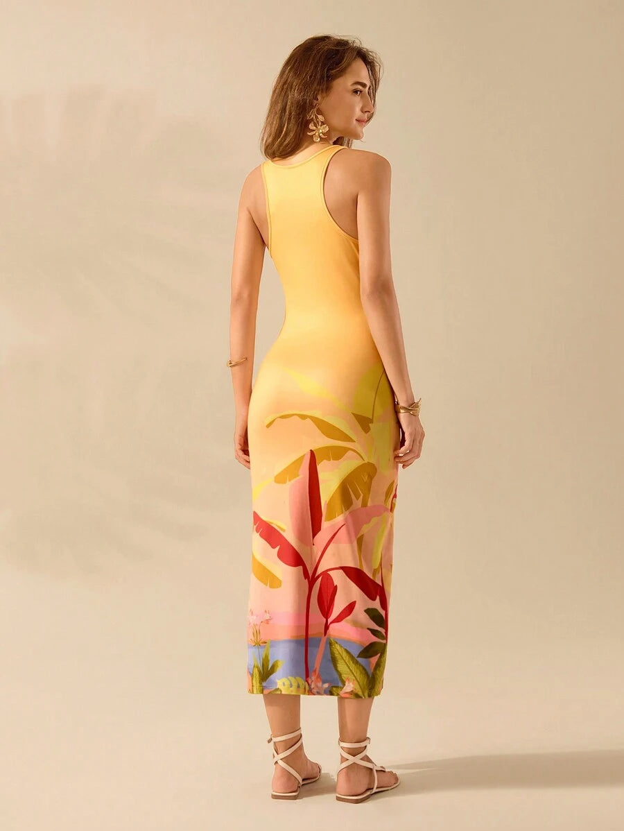 CAJUNI Vestido Listrado Azul com Estampa Tropical de Plantas e Papagaio, Estilo Boho, Sem Mangas e Costas Abertas, Vestido de Praia Casual de Verão