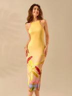 CAJUNI Vestido Listrado Azul com Estampa Tropical de Plantas e Papagaio, Estilo Boho, Sem Mangas e Costas Abertas, Vestido de Praia Casual de Verão