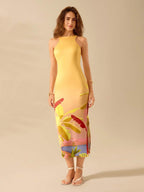 CAJUNI Vestido Listrado Azul com Estampa Tropical de Plantas e Papagaio, Estilo Boho, Sem Mangas e Costas Abertas, Vestido de Praia Casual de Verão