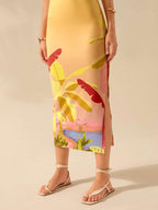 CAJUNI Vestido Listrado Azul com Estampa Tropical de Plantas e Papagaio, Estilo Boho, Sem Mangas e Costas Abertas, Vestido de Praia Casual de Verão