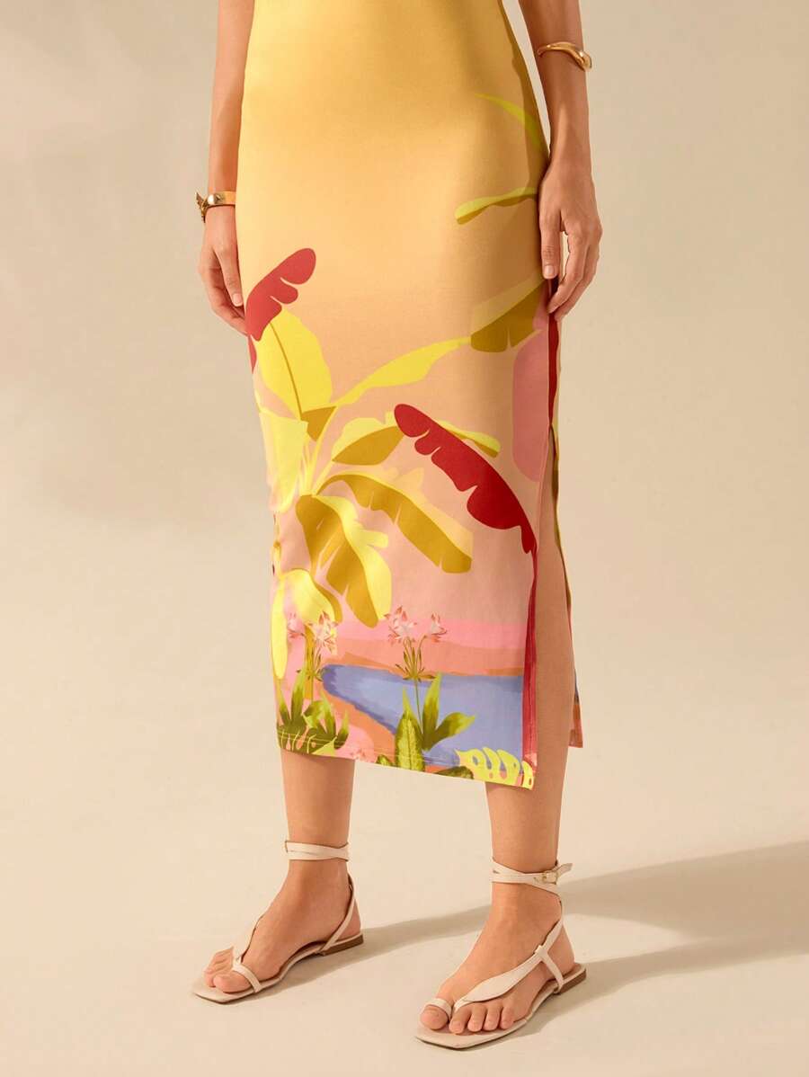 CAJUNI Vestido Listrado Azul com Estampa Tropical de Plantas e Papagaio, Estilo Boho, Sem Mangas e Costas Abertas, Vestido de Praia Casual de Verão