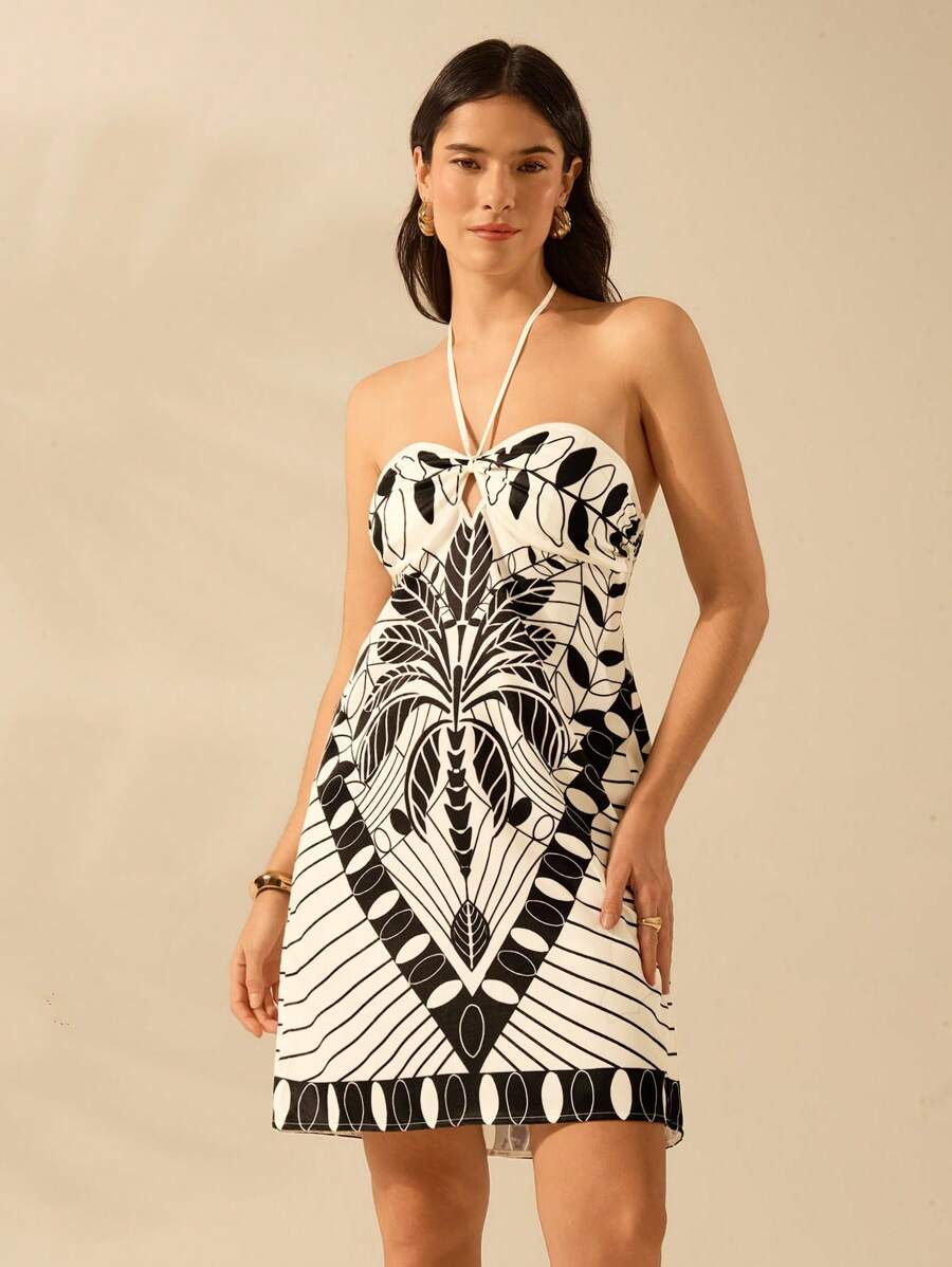 CAJUNI Vestido Casual de Verão Preto com Estampa Tropical de Plantas, Estilo Boho, para Férias, Praia, Alça e Costas Abertas, Modelo Mini