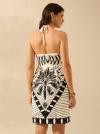 CAJUNI Vestido Casual de Verão Preto com Estampa Tropical de Plantas, Estilo Boho, para Férias, Praia, Alça e Costas Abertas, Modelo Mini
